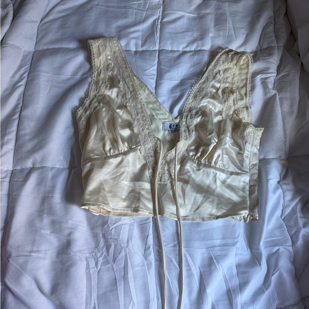 Grey Bandit Lace Trimmed Cream Satin Crop